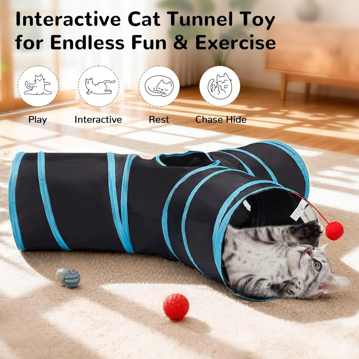 Pet Cat Tunnel Tube Cat Toys 3 Way Collapsible, Cat Tunnels for Indoor Cats，Kitty Tunnel Bored Cat Pet Toys Peek Hole Toy Ball Cat, Puppy, Kitty, Kitten, Rabbit