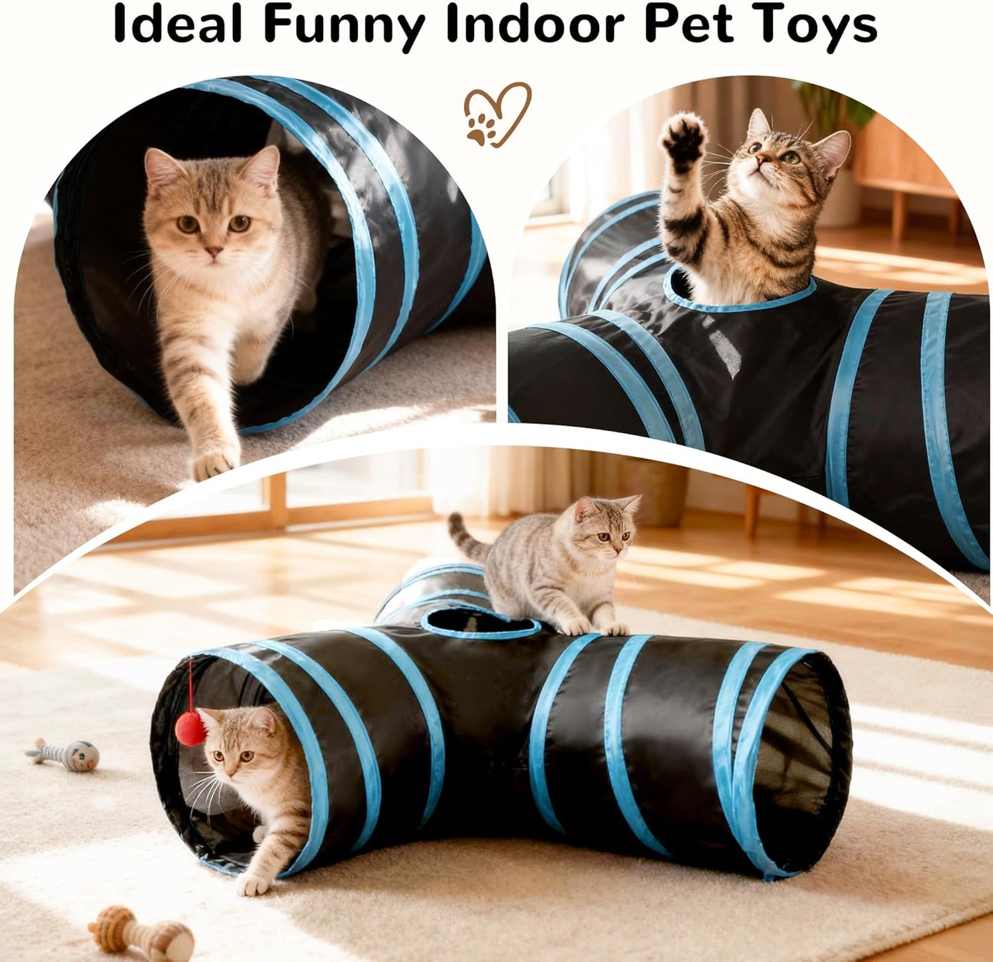 Pet Cat Tunnel Tube Cat Toys 3 Way Collapsible, Cat Tunnels for Indoor Cats，Kitty Tunnel Bored Cat Pet Toys Peek Hole Toy Ball Cat, Puppy, Kitty, Kitten, Rabbit