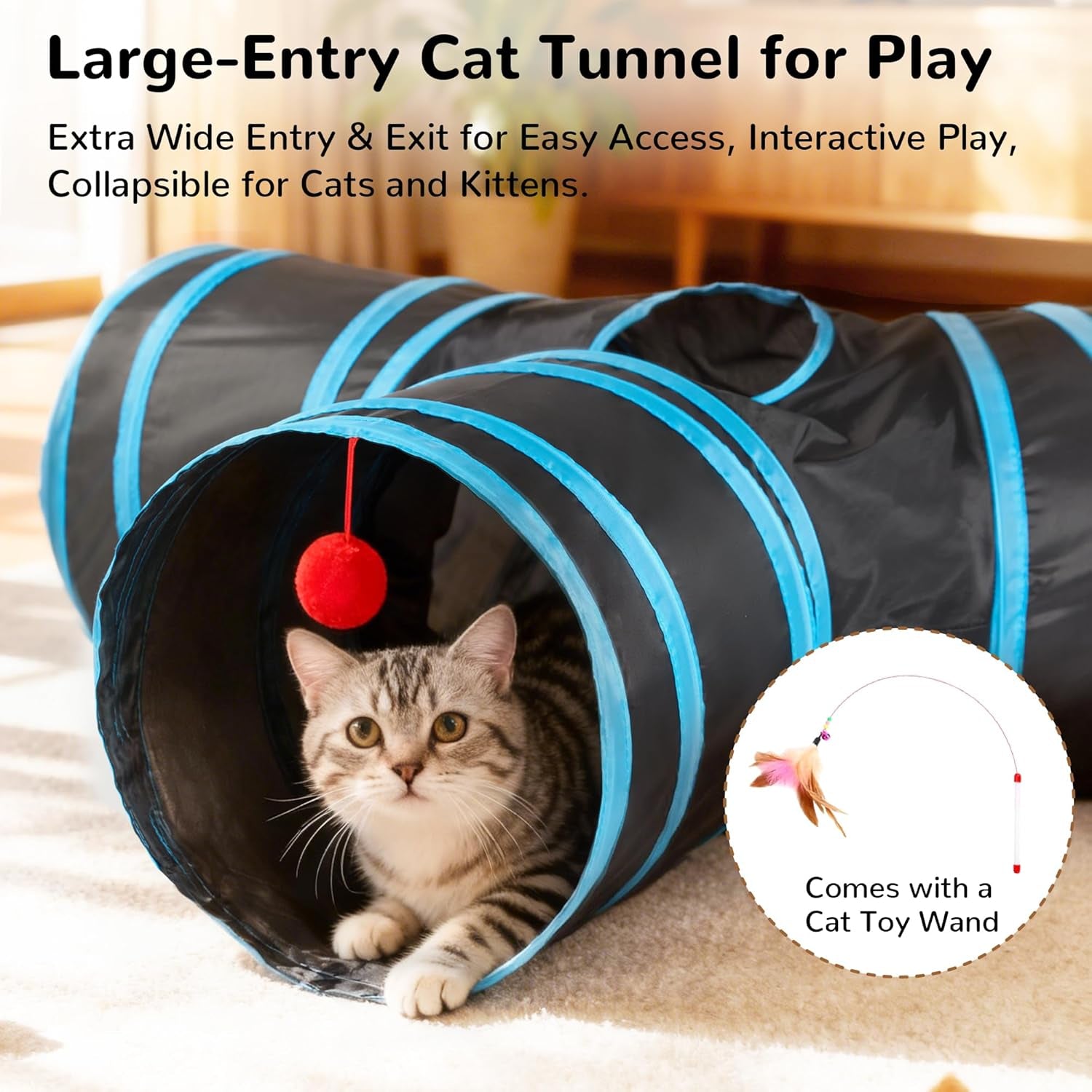Pet Cat Tunnel Tube Cat Toys 3 Way Collapsible, Cat Tunnels for Indoor Cats，Kitty Tunnel Bored Cat Pet Toys Peek Hole Toy Ball Cat, Puppy, Kitty, Kitten, Rabbit