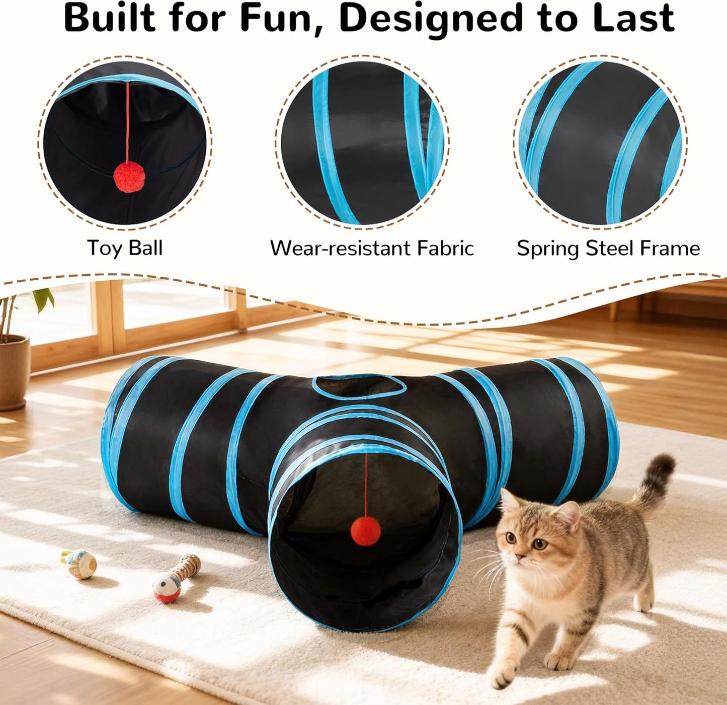 Pet Cat Tunnel Tube Cat Toys 3 Way Collapsible, Cat Tunnels for Indoor Cats，Kitty Tunnel Bored Cat Pet Toys Peek Hole Toy Ball Cat, Puppy, Kitty, Kitten, Rabbit
