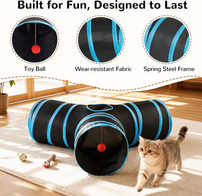 Pet Cat Tunnel Tube Cat Toys 3 Way Collapsible, Cat Tunnels for Indoor Cats，Kitty Tunnel Bored Cat Pet Toys Peek Hole Toy Ball Cat, Puppy, Kitty, Kitten, Rabbit