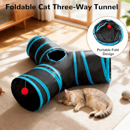 Pet Cat Tunnel Tube Cat Toys 3 Way Collapsible, Cat Tunnels for Indoor Cats，Kitty Tunnel Bored Cat Pet Toys Peek Hole Toy Ball Cat, Puppy, Kitty, Kitten, Rabbit